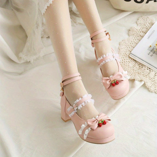 Women's Bowknot Chunky Heels Sweet Strawberry Buckle Strap Shoes