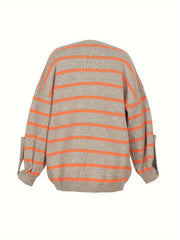 Striped Button Decor Sweater Round Neck Loose Jumper