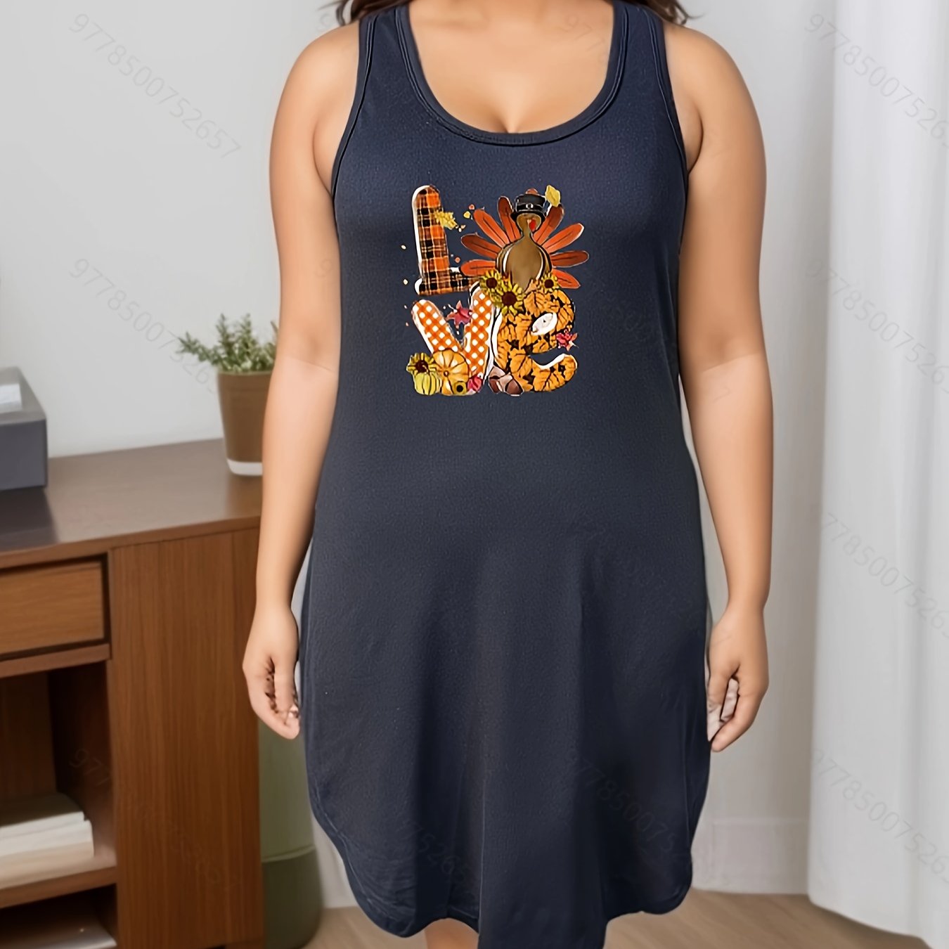 Plus Size Thanksgiving Loungewear Dress Women's Plus Turkey & Pumpkin Print Tank
