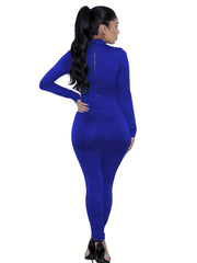 Solid Turtleneck Long Sleeve Jumpsuit Skinny Casual Long Length Women's Clothing