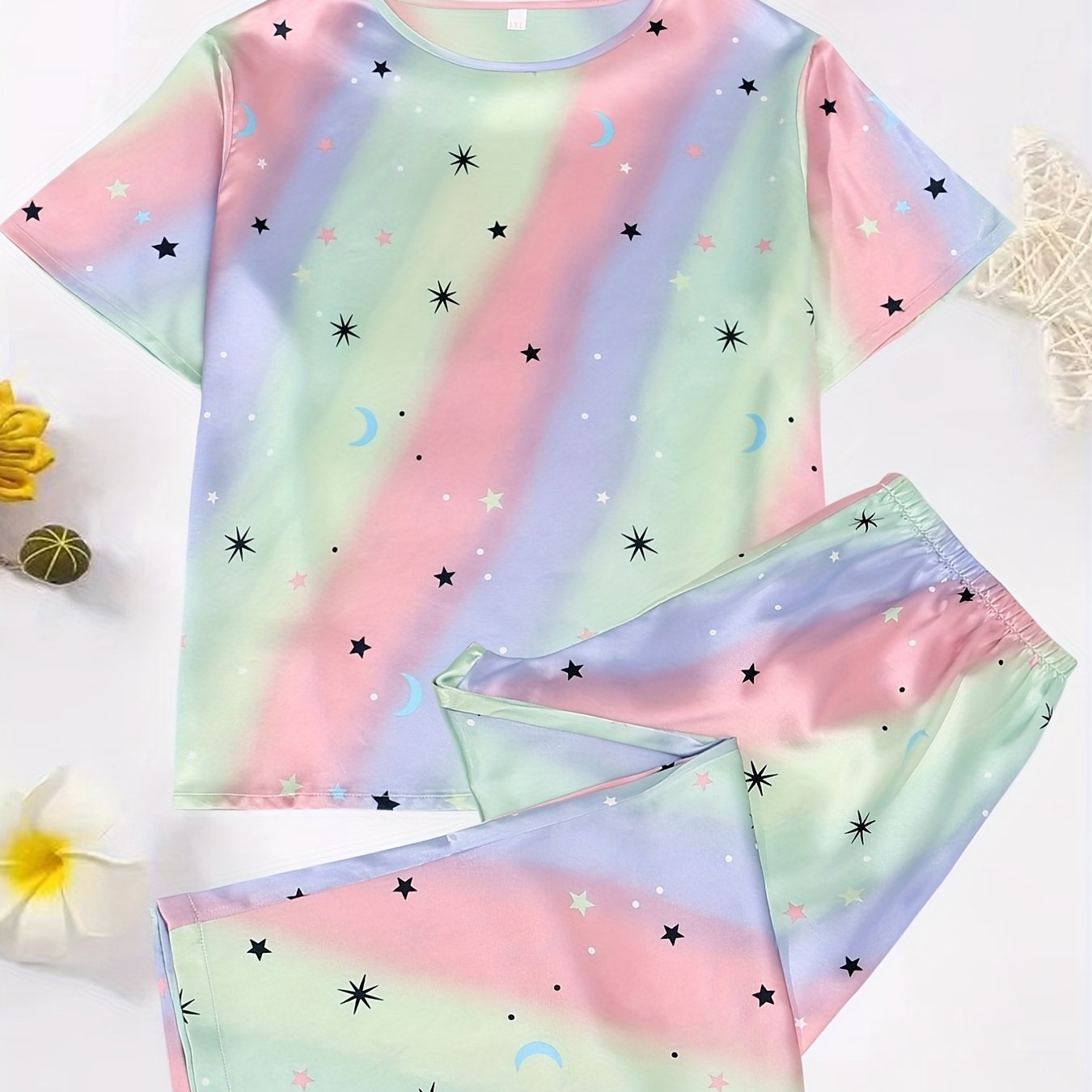 Ombre & Star Print Pajama Set - Tee & Pants Two Piece Set
