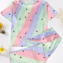 Ombre & Star Print Pajama Set - Tee & Pants Two Piece Set