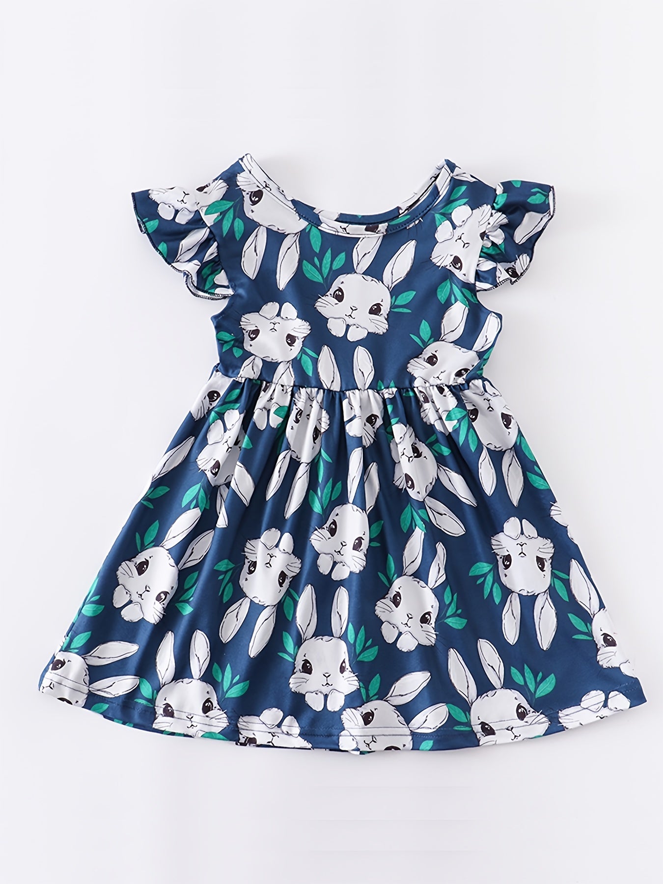 Baby Girls Short Sleeve Ruffles Round Neck Easter Bunny Print Dress