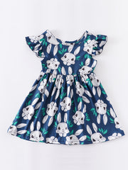 Baby Girls Short Sleeve Ruffles Round Neck Easter Bunny Print Dress