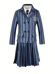 Girls School Uniform Dress Cosplay Costume Striped Coat Dress Sweater