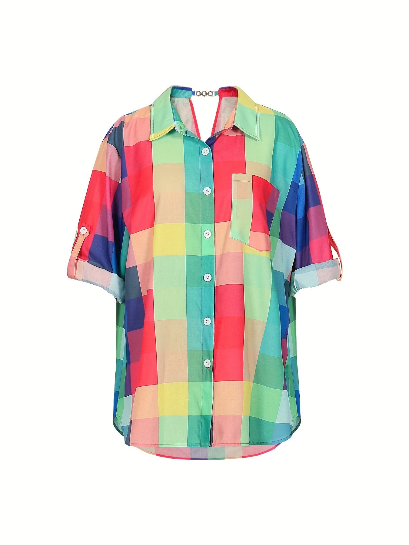 Colorful Grid Print Roll Up Sleeve Blouse