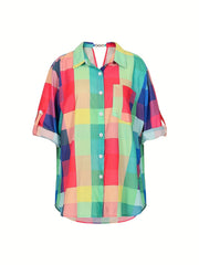 Colorful Grid Print Roll Up Sleeve Blouse