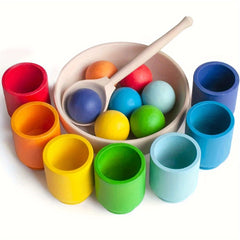 Wooden Rainbow Ball and Cup Sorting Game for Ages 3