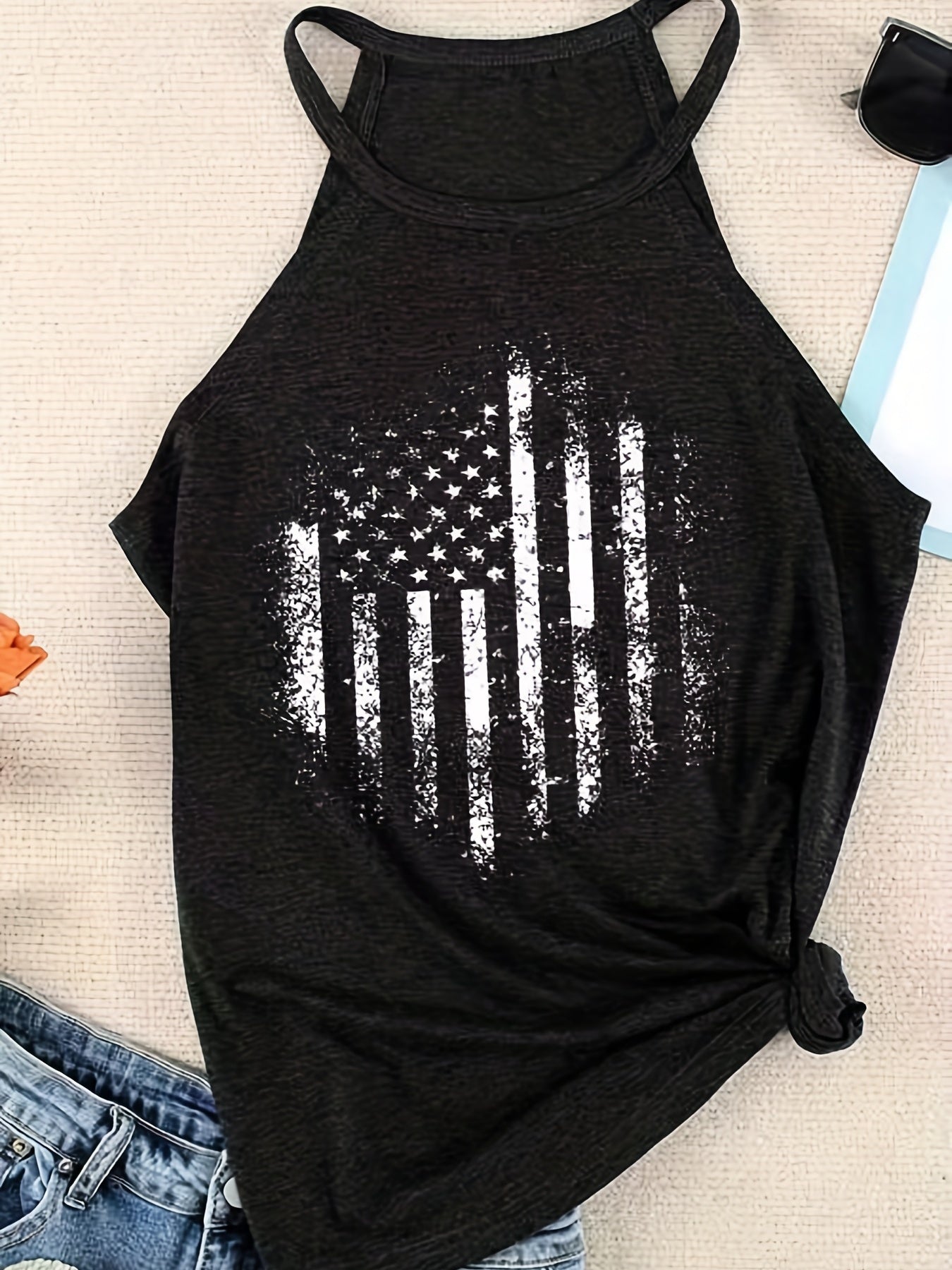American Flags Print Sleeveless Top Summer Independence Day