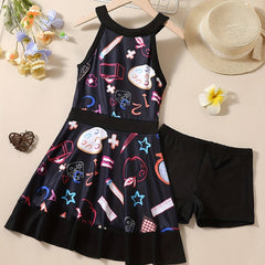 Girls Creative Doodle Halter Dress Swimsuit & Shorts Set