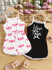 2pcs Toddler Girls Heart & Letter Graphic Cami Rompers For Summer