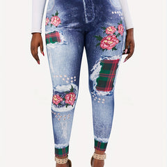 Denim Plaid Flower Print Leggings Medium Stretch