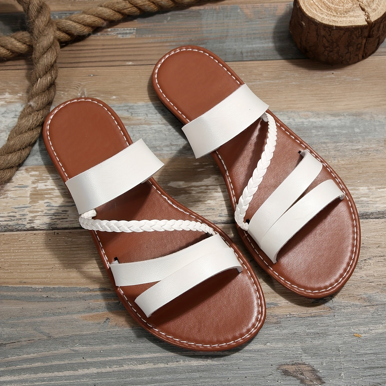 Women's Woven Strap Slippers Faux Leather Slip On Shoes