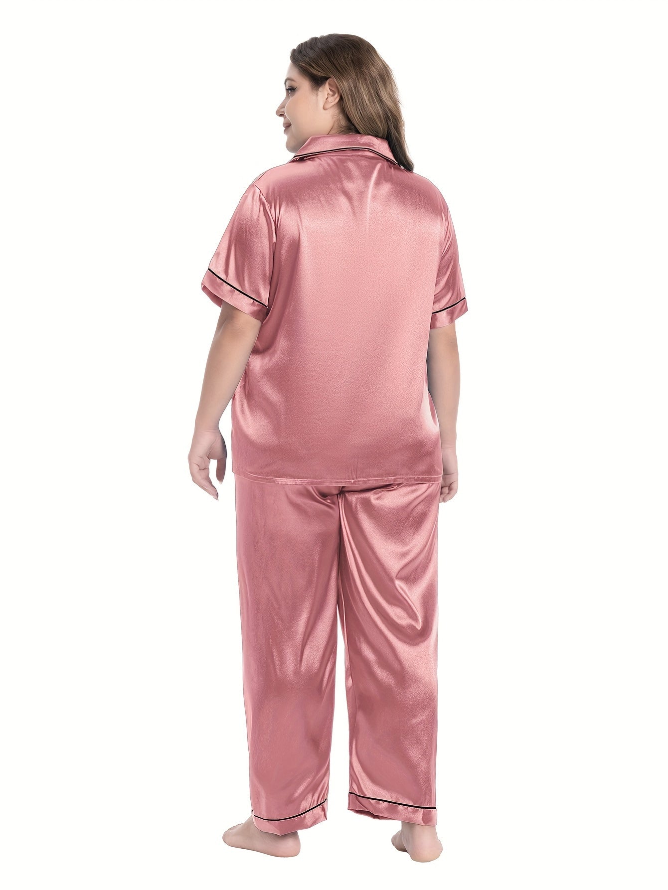 Women's Plus Satin PJs Set Short Sleeve Button Up Shirt & Pants Lounge 2 Piece