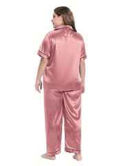 Women's Plus Satin PJs Set Short Sleeve Button Up Shirt & Pants Lounge 2 Piece