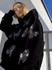Butterfly Rhinestone Hoodie Long Sleeve Loose Sweatshirt