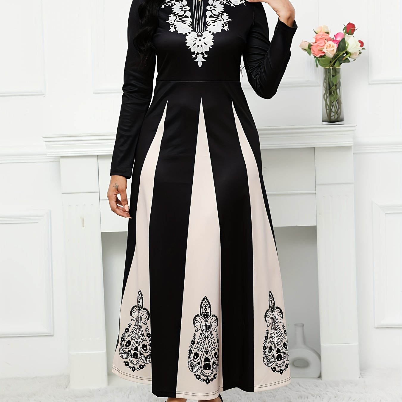 Block Maxi Dress Crew Neck Long Sleeve Dress Women's Clothing