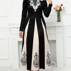 Block Maxi Dress Crew Neck Long Sleeve Dress Women's Clothing