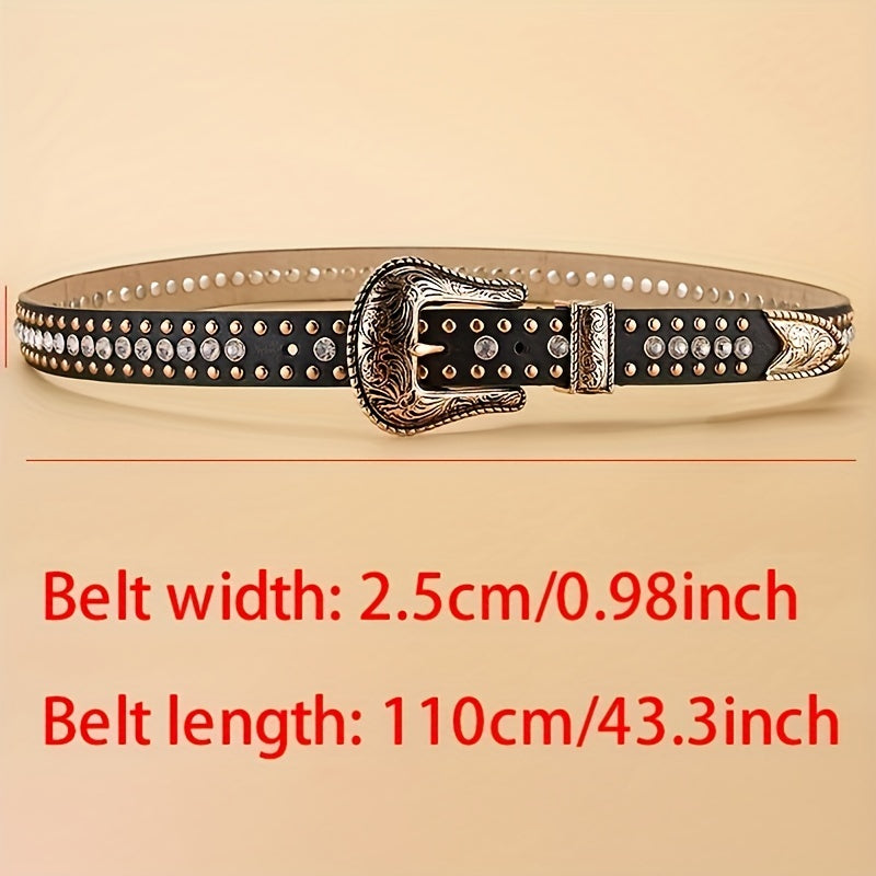 Vintage Rhinestone Belt with Carved Buckle and Rivets