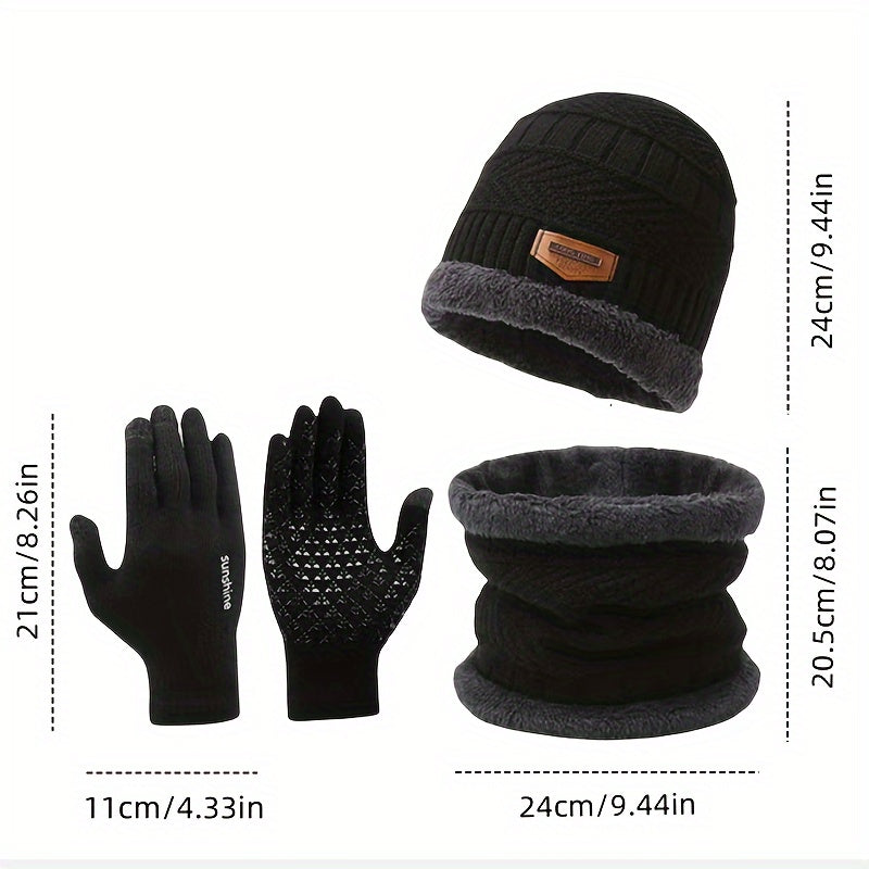 3pcs Winter Thicken Knitted Hat Plush Warm Scarf Non slip Gloves