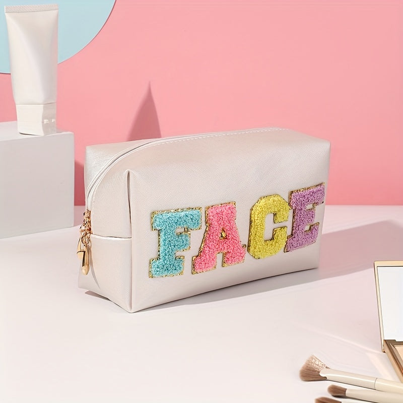 Preppy Patch Makeup Bag Chenille Letter Cosmetic Pouch Colorful Clutch