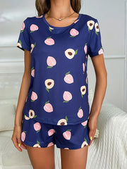Peach Print Lounge Set Crew Neck Short Sleeve Top & Bow Decor Shorts