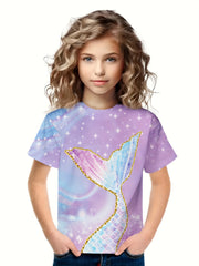 Mermaid Tail Print Short Sleeve T-shirt Kids Summer Sports Gift