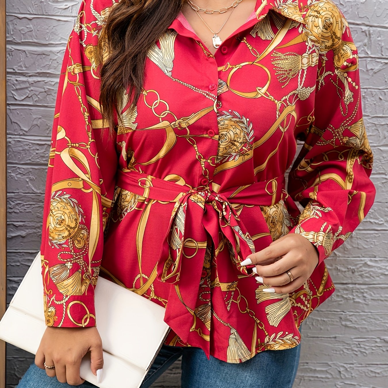 Chain Print Button Up Belted Blouse