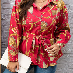 Chain Print Button Up Belted Blouse