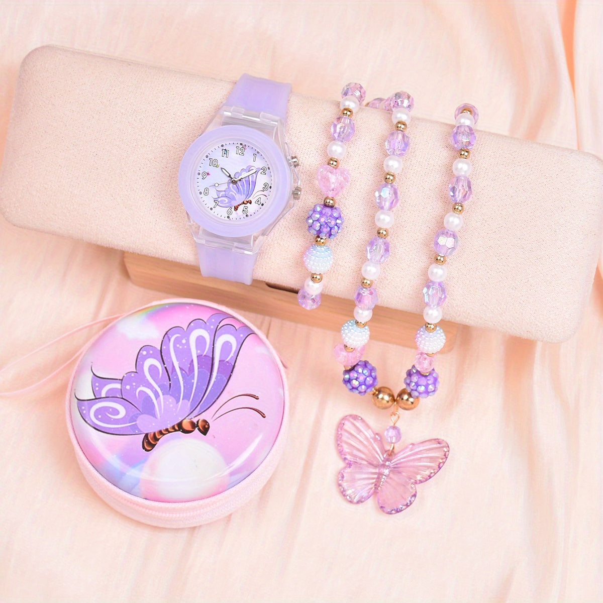 Girls Silicone Butterfly Watch Set with Bracelet, Necklace, Coin Purse