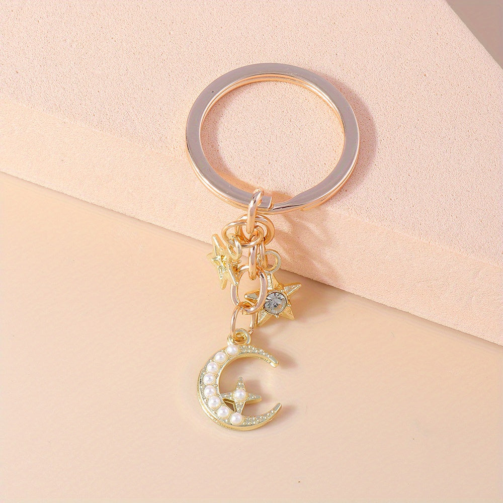 Moon & Star Keychain Faux Pearl Rhinestone Pendant Bag Accessory