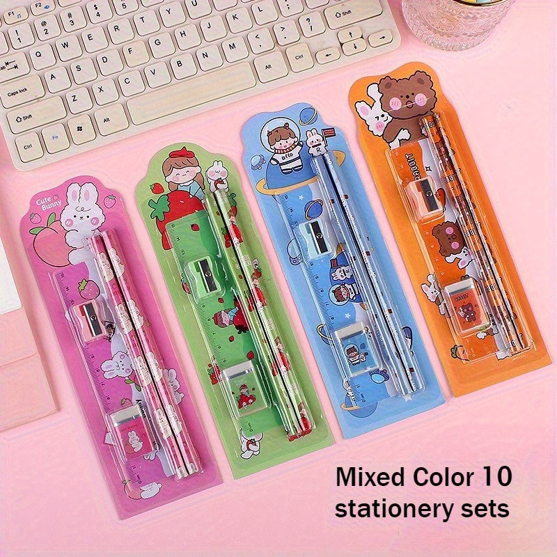 12pcs Cartoon Stationery Set for Office Use - Pencils, Eraser, Ruler, Sharpener