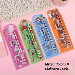 12pcs Cartoon Stationery Set for Office Use - Pencils, Eraser, Ruler, Sharpener
