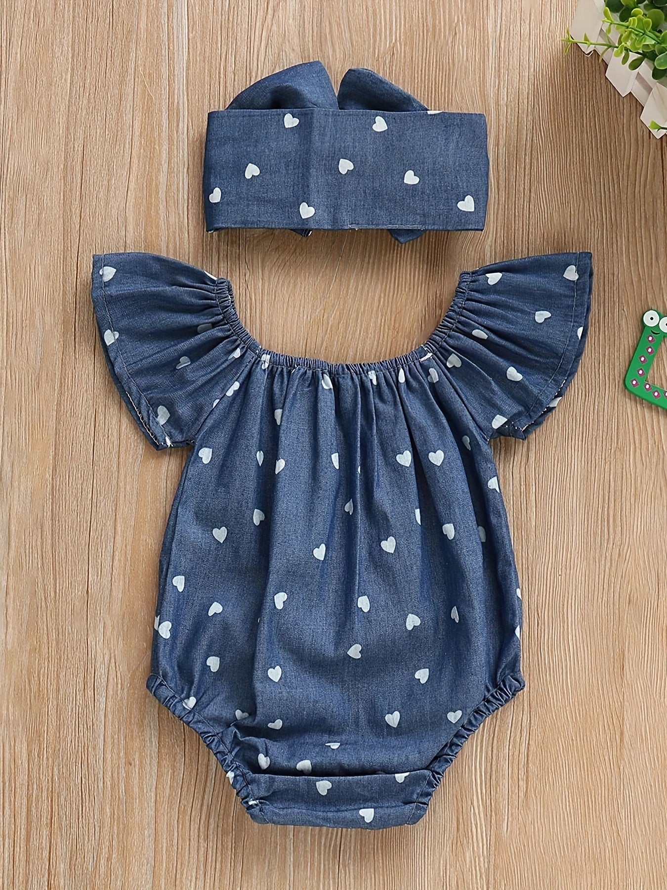 Girls Heart Print Romper & Bow Headband Set