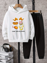 2pcs Food Print Boys Hoodie Kids Casual Long Sleeve Loose Hooded Sweatshirt