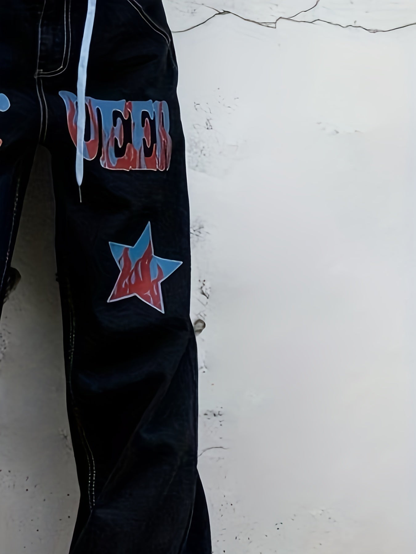 Star Flame Wide Leg Jeans Retro Loose Streetwear Denim Pants