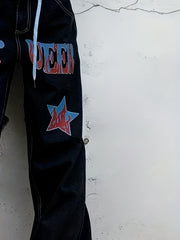 Star Flame Wide Leg Jeans Retro Loose Streetwear Denim Pants