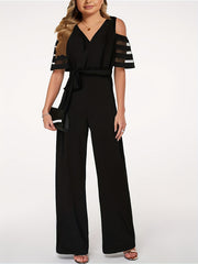 V Neck Off Shoulder Short Sleeve Knitted Jumpsuit