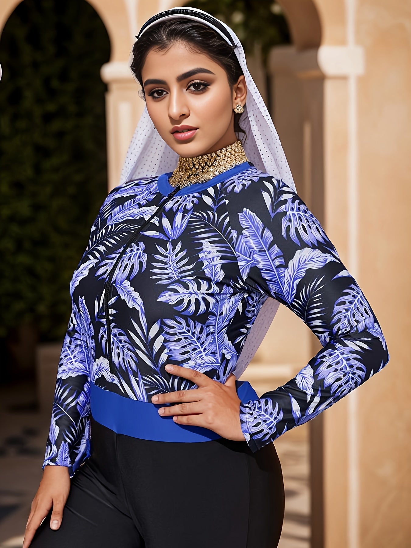 Tropical Print Zip Front Diving Top