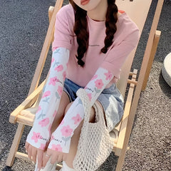 Flower Print Cartoon Ice Sleeves UV Protection Gloves for Women