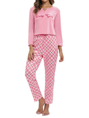 Letter Print Lounge Set Long Sleeve Crew Neck Top & Plaid Pants