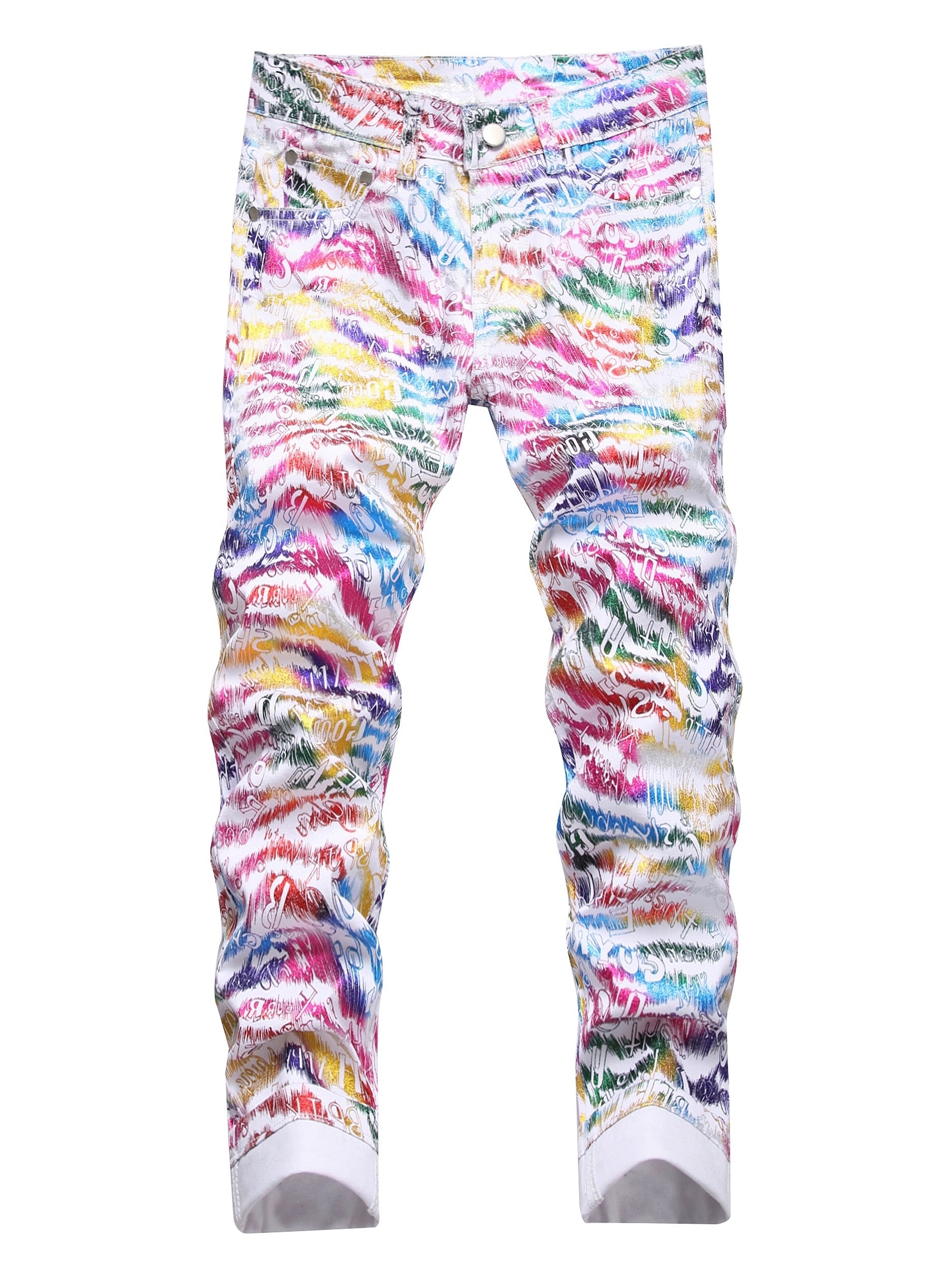 Boys Colorful Pattern Jeans Skinny Slim Fit Washed Denim Long Pants Kids