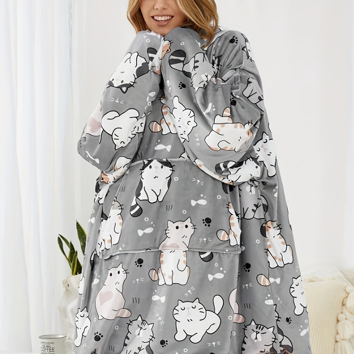 Cartoon Cat Print Hooded Robe Women's Nightwear