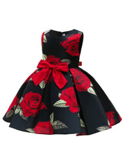 Girls Princess Dress Floral Print Bow Pageant Gown Christmas Birthday Party