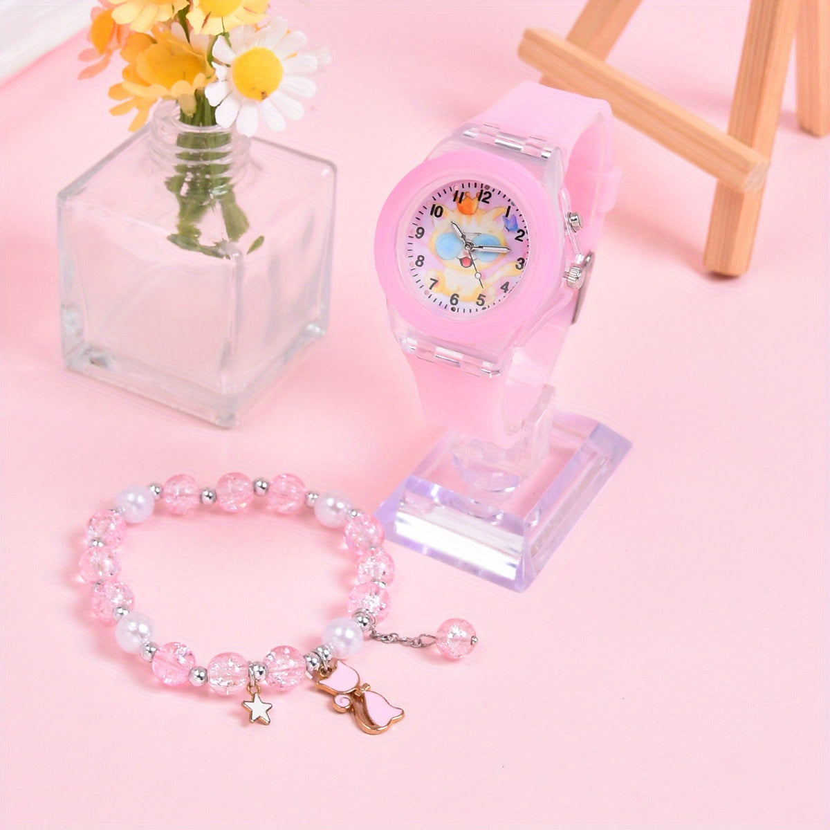 Girls' Cartoon Cat Glow in Dark Watch Set with Glasses Strap Bracelet