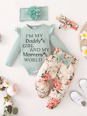 Casual Baby Girls Outfit Long Sleeve Onesie Romper Pants Headbands Gift Set