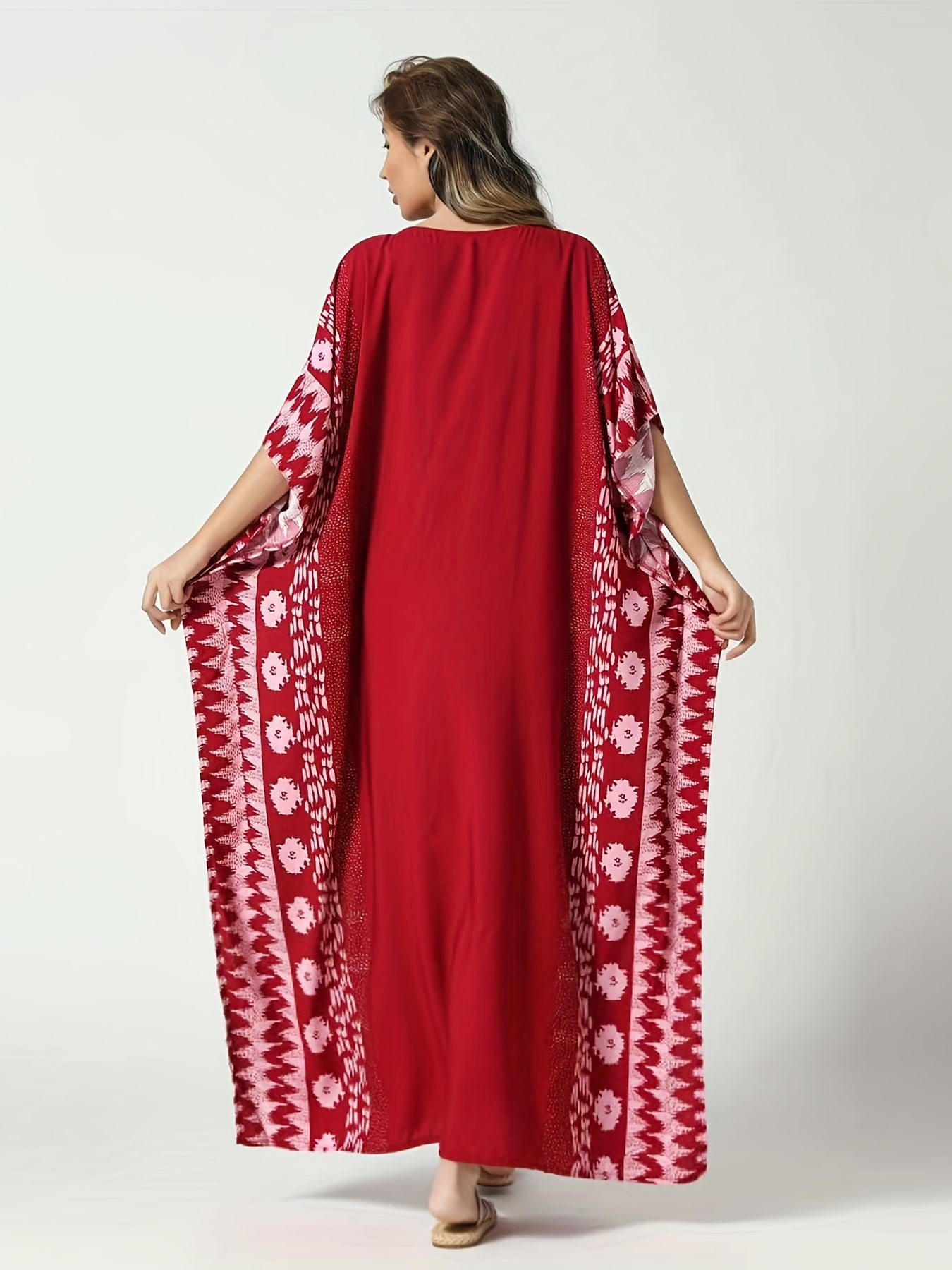 Boho Floral Print Thigh Split Cover Up Swimsuit V Neck Loose Kaftan