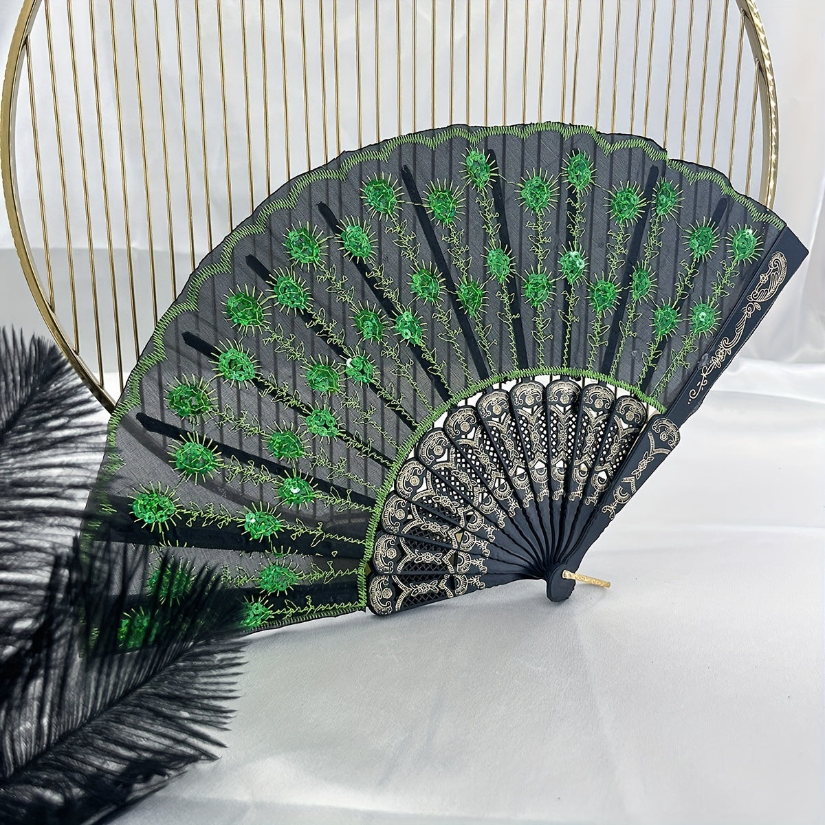 Men's Folding Hand Fan with Peacock Tail Sequin for Stage Prom
