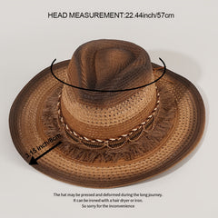 Vintage Cowboy Hat Tassel Belt Gradient Big Brim Straw Hat