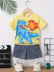 Boys Dinosaur Graphic Outfit Short Sleeve T-shirt & Shorts Set for Summer Kids